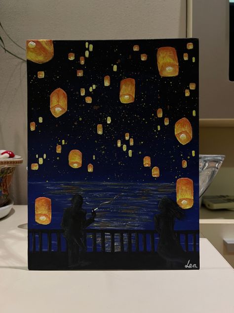 Tint Painting Ideas, Landscape Ideas For Painting, Cool Simple Paintings On Canvas, Floating Lanterns Painting, Floating Lantern Painting, Lantern Painting Ideas, Moody Painting Ideas, Night Aesthetic Painting, Painting Night Ideas