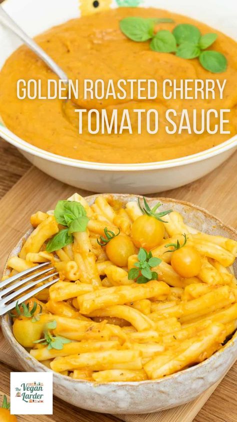 Roasted Yellow Cherry Tomato Sauce – The Vegan Larder Yellow Tomatoes Salsa, Yellow Cherry Tomato Sauce, Golden Tomato Sauce, Yellow Cherry Tomatoes Recipes, Yellow Pear Tomato Recipes, Yellow Cherry Tomato Recipes, Cherry Tomato Pasta Sauce, Yellow Cherry Tomatoes, Cherry Tomato Recipes