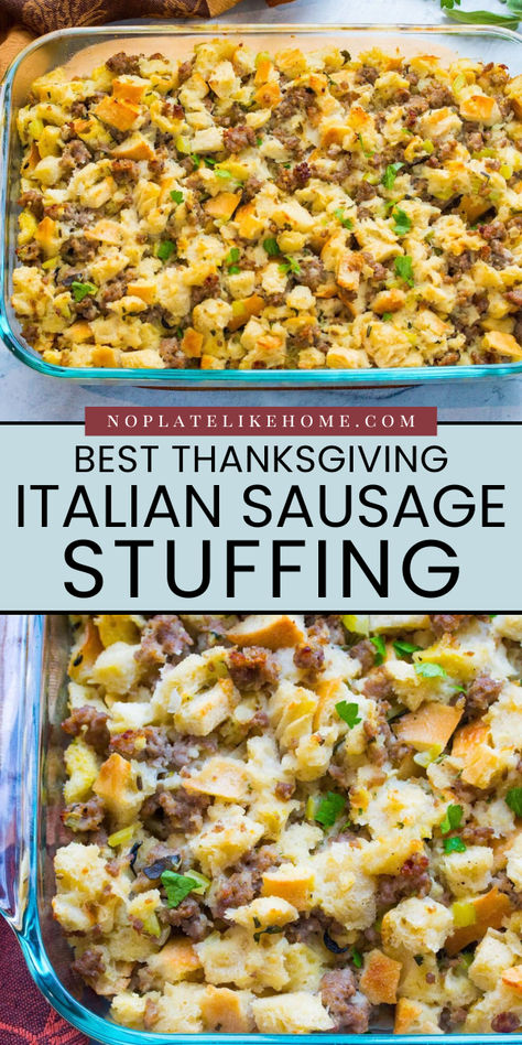 Make the Best Thanksgiving Italian Sausage Stuffing for your Thanksgiving turkey! This homemade stuffing recipe is made with ground Italian sausage, fresh herbs, and homemade bread cubes. It's an easy Thanksgiving dinner menu idea! Sausage Bacon Stuffing Thanksgiving, Dressing With Italian Sausage, Thanksgiving Stuffing With Sausage And Mushrooms, Southern Sausage Stuffing, Italian Turkey Stuffing Recipes, Italian Rice Stuffing Thanksgiving, Box Stuffing With Sausage, Stuff A Turkey With Stuffing, Stuffing Sausage Thanksgiving