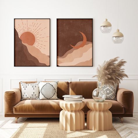 "Sun and Moon Prints set of 2, Terracotta Wall Art, Landscape Print, Burnt Orange Decor, Above Bed Decor, Digital Download, Boho Abstract Art SPECIAL OFFER BUY 3 OR MORE ITEMS AND GET 50% OFF (add 3 items to your cart ) Add neutral minimalist elements to your home for variety and inspiration! High resolution digital prints are easy to print. Place in your favorite frame and hang on the wall without waiting for delivery. This listing is for a DIGITAL DOWNLOAD only, physical prints and frames are Burnt Orange Decor, Western Living Room, Watercolor Shapes, Terracotta Wall Art, Cowboy Decorations, Terracotta Wall, Shapes Abstract, Western Wall Art, Above Bed Decor