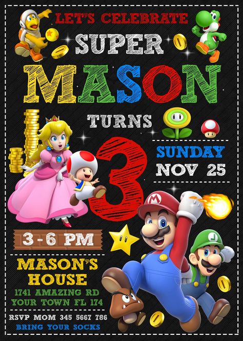 Mario Bros Birthday Invite | Wonderful Invitation Mario And Luigi Birthday Invitations, 4th Birthday Party For Boys Mario, Super Mario Bros Party Invitations, Super Mario 3rd Birthday Party, Super Mario Invitations Free Template, Super Mario 2nd Birthday Party, Mario 1st Birthday Party, Mario Theme Birthday Party, Super Mario First Birthday Party