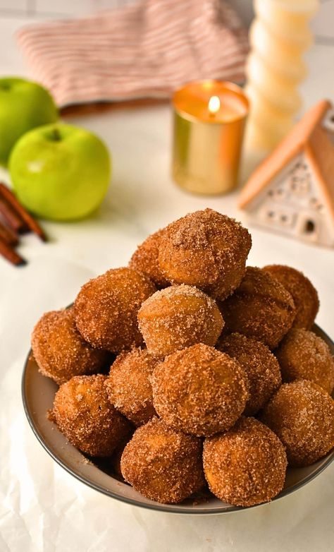 Apple Cider Donut Holes (No Eggs, Baked, 5 Ingredients) - The Conscious Plant Kitchen Apple Cider Donut Holes Recipe, Apple Cider Donut Holes, Baked Donut Holes, Apple Cider Muffins, Conscious Plant Kitchen, Gluten Free Dairy Free Breakfast, Sparkling Apple Cider, Baked Apple Fritters, Making Donuts