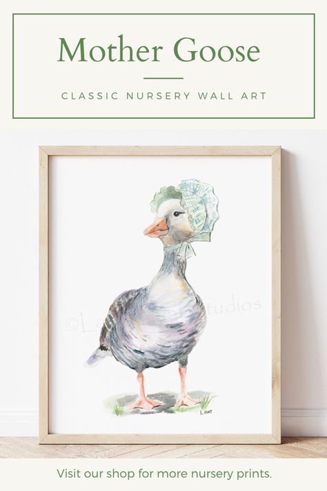 A sweet goose painted in watercolor stands in the grass, looking off to the side. Her beak is orange and her feathers are various colors of grey, purple, pink and yellow. She wears a checkered green bonnet that ties under her chin in a bow. Mother Goose Nursery Decor, Classic Nursery Ideas, Neutral Nursery Artwork, Gender Neutral Nursery Colors, Nursery Color Palette, Toddler Bedroom Decor, Nursery Color, Gender Neutral Baby Room, Mother Goose Nursery