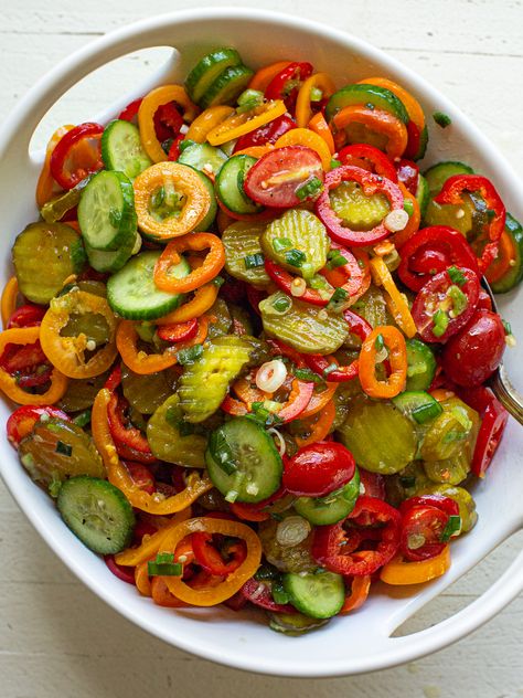 This Cucumber Salad Recipe is loaded with fresh cucumbers, zesty pickles, and crunchy summer vegetables, perfect for upcoming summer salad recipes. A must-try recipe for cucumber salad with tangy bites of sweet pickle chips and crunchy fresh veggies. This homemade salad dressing will shock you! Zesty Pickles, Marinated Salad, Salad Summer, Cucumber Salad Recipe, Seasoned Veggies, Salad Salad, Summer Vegetables, Fresh Salad Recipes, Cucumber Recipes Salad