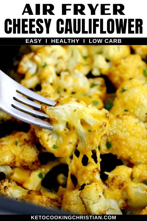 This easy Air Fryer Cheesy Cauliflower recipe features perfectly seasoned and slightly caramelized florets with a gooey melted cheddar topping. It's a healthy and delicious side that pairs perfectly with any protein. Cauliflower Noci Recipes, Cheddar Cauliflower Recipes, Airfry Cauliflower Recipes, Airfryer Cauliflower Recipes, Cauliflower Steaks Air Fryer, Cauliflower Recipes Air Fryer, Air Fryer Cauliflower Recipes, Cauliflower Steak Recipes, Cauliflower In Air Fryer