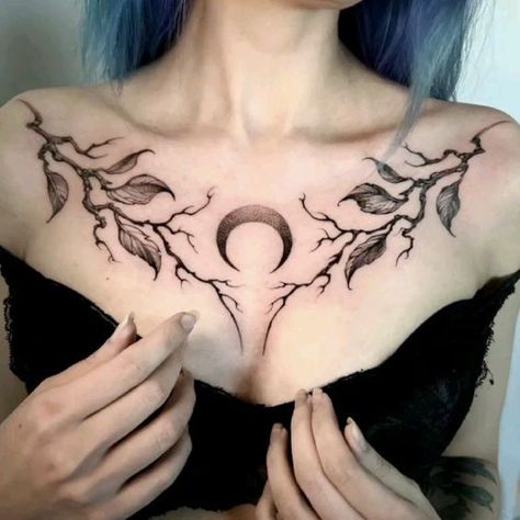 Chest Pieces Tattoo, Asymmetrical Collar Bone Tattoo, Dark Fairycore Tattoo, Goth Back Tattoo Women, Collarbone Tattoo Goth, Gothic Rib Tattoo, Spooky Chest Tattoo, Witchy Chest Tattoo Female, Gothic Hip Tattoo