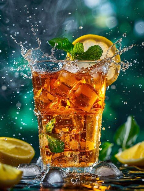 Photo a commercial photography of a glas... | Premium Photo #Freepik #photo Ice Lemon Tea Aesthetic, Ice Tea Aesthetic, Ice Tea Photography, Ice Lemon Tea, Lemon Background, Ice Photography, Ad Photography, Perfect Summer Drink, Splash Photography