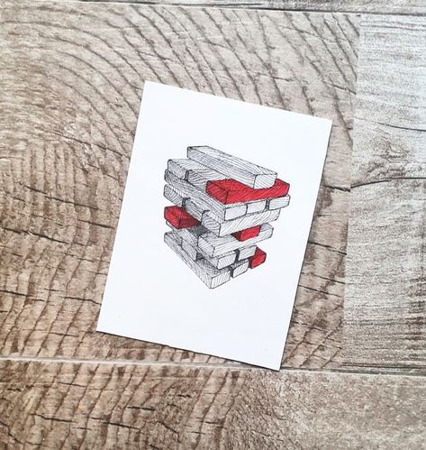 Jenga Drawing, Black Ink Illustration, Jenga Game, Brick Block, Ink Illustration, Ink Illustrations, Red And Black, Illustrations, Drawings