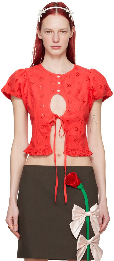 Cotton broderie anglaise blouse. · Crewneck · Button and self-tie closure · Cutout and vent at front · Ruffled trim at hem · Puff sleeves Supplier color: Red Red Blouse Outfit, Cutout Blouse, Perfect Blouse, Sandy Liang, Designer Blouses, Blouse Outfit, Red Blouses, Cotton Blouses, Cotton Poplin