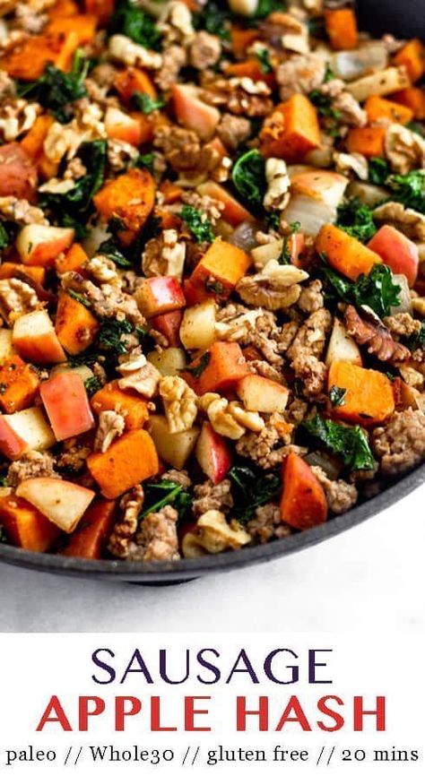 Easy paleo and Whole30 Sausage Apple Hash made in one pan and in 20 mins! Perfect for sweet & savory comforting breakfast and great for meal prep! - Eat the Gains #whole30 #breakfasthash #paleo #glutenfree #mealprep #sausagehash Sausage Sweet Potato Recipes, Whole30 Sausage, Whole30 Sweet Potato, Paleo Menu, Instant Pot Cookbook, Sweet Potato And Apple, Healthy Paleo Recipes, Sweet Potato Breakfast, Easy Paleo