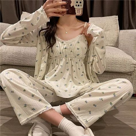 Ladies Pajamas, Pijamas Women, Soft Girl Clothes, Floral Pajama Set, Cotton Pajamas Women, Egirl Clothes, Homewear Woman, Mori Girl Fashion, Cute Pajama Sets