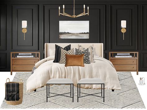 Dark Moody Luxury Bedroom, Dark And Sultry Bedroom, Upholstered Bed With Black Nightstands, Transitional Modern Master Bed, Bedroom Decor With Black Headboard, Mid Century Moody Bedroom, Black Wall Master Bedrooms Decor, Black Master Bedrooms Decor Cozy, Moody Chic Bedroom