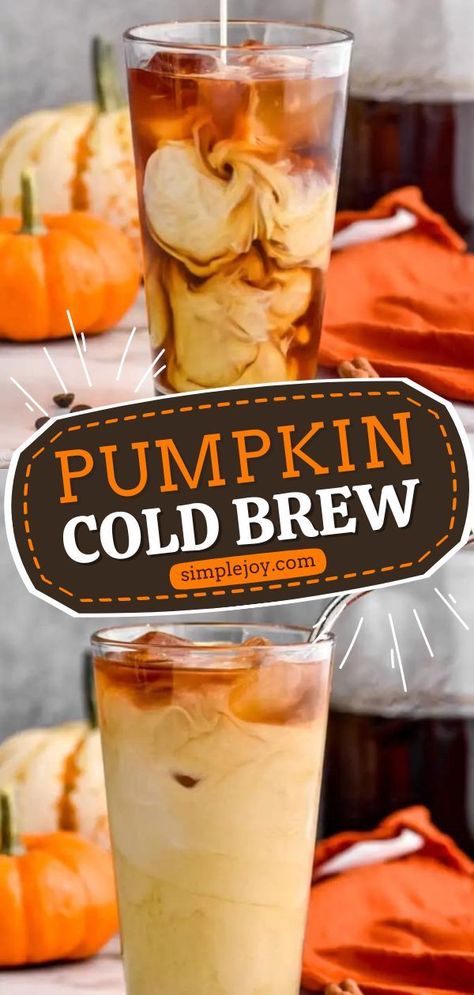 Coffee lovers will definitely love this easy pumpkin spice cold brew recipe as a fall drink! Don't forget to save this to your cold brew coffee recipes and make it at home anytime! It's a must-try! Iced Coffee Recipe Pumpkin Spice, Fall Cold Brew Recipes, Homemade Pumpkin Spice Cold Brew, Homemade Pumpkin Cold Brew, Diy Pumpkin Cold Brew, Recipes Using Cold Brew Coffee, Cold Brew Drinks At Home, Cold Brew Pumpkin Spice Latte, Cold Pumpkin Spice Coffee