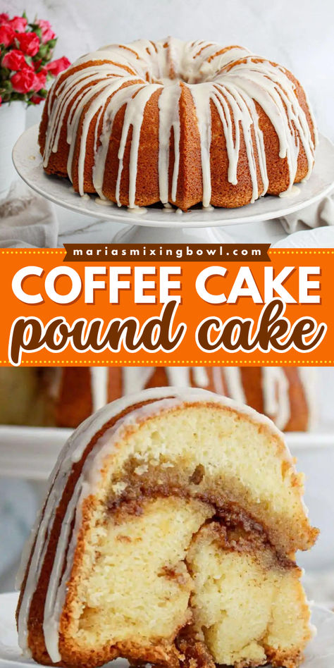 A perfect addition to your next Sunday brunch! Rich and moist with a cinnamon sugar swirl, a streusel topping, and a simple glaze, this Coffee Cake Pound Cake is an easy breakfast food you'll surely love. This bundt cake recipe is an easy dessert idea, too! Cinnamon Streusel Pound Cake, Breakfast Bundt Cake Casserole, Pound Cakes Using Cake Mixes, Cake Mix Coffee Cake Easy, Bunt Coffee Cake, Cinnamon Pound Cake Recipes, Cinnamon Roll Pound Cake Recipes, Coffee Cake Made With Box Cake, Cream Cheese Pound Cake Recipe Moist