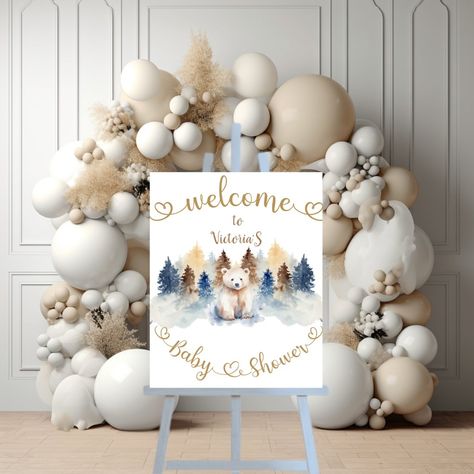 Polar Bear Winter Theme Baby Shower Welcome Sign Polar Bear Baby Shower Theme, Polar Bear Baby Shower, Polar Bear Party, Winter Pine Trees, Polar Bear Theme, Baby Shower Oso, Bear Baby Shower Theme, Winter Wonderland Baby Shower, Bear Theme