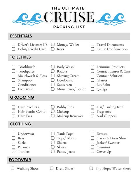 Cruise Packing List Printable Instant Download - Etsy 2024 Cruise Outfits, Cruise Packing List Printable, Carnival Cruise Tips, European Cruise, Cruise Packing List, Going On A Cruise, Travel Tricks, Cruise Packing Tips, Birthday Cruise