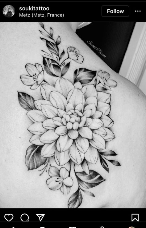 Tattoo Ideas Dahlia, Dahlia Moon Tattoo, Dahlia Forearm Tattoo, Dahlia Tattoos For Women, Dahlia Tattoo Sleeve, Dahlia Hand Tattoo, Black And White Dahlia Tattoo, Dahlia Bouquet Tattoo, Delilah Tattoo Flower