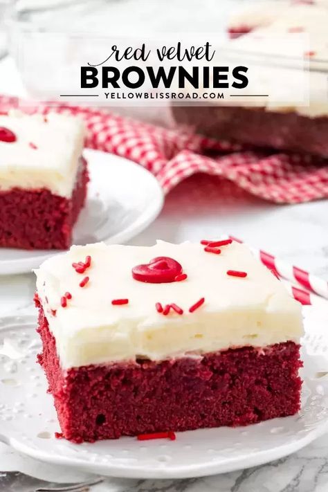 Easy Red Velvet Brownies are extra fudgy with the perfect red velvet flavor and bright red color and topped with a decadent cream cheese frosting. #redvelvet #brownies #valentinesday Brownies With Cream Cheese Frosting, Brownies With Cream Cheese, Upstate Ramblings, Homemade Cream Cheese Frosting, Cake Mix Brownies, Velvet Brownies, Cookie Dough Cake, Homemade Cream Cheese, Red Velvet Brownies