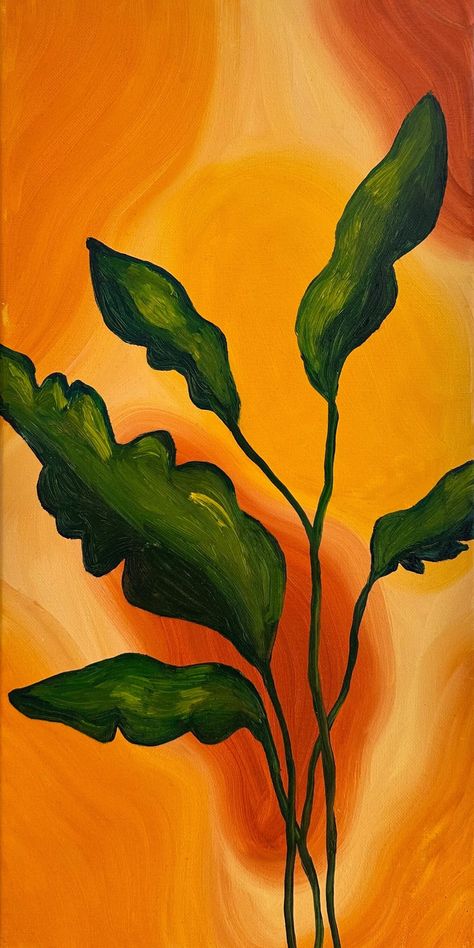 Earthy Artwork Paintings, Nature Art Background, Different Styles Of Art Paintings, Green Orange Painting, Painting With Orange Background, Plant Painting Abstract, Dark Green Art Paintings, Orange Background Painting Ideas, Dyptich Art Ideas