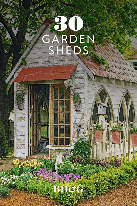 Shed For Backyard, Garden Shed And Seating Area, Diy Garden House Buildings, Gardens Around Sheds, Gardening She Shed, Green House Landscape, Out Buildings Sheds, Sheds With Porches Ideas, Rustic Garden Shed Ideas