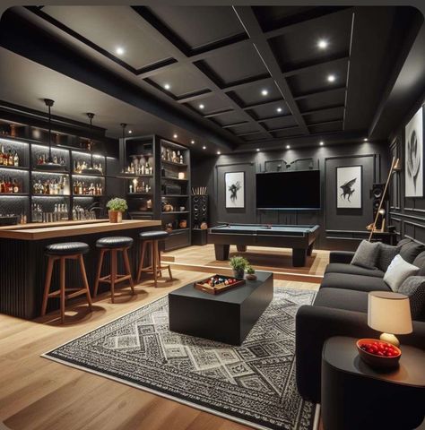 Basement Remodel Movie Room, Bar At Home Luxury, Home Bar Entertainment Room, Man Cave Luxurious, Pool Table Bar Room Ideas, Home Pool Table Room Ideas, All Black Basement, Sous Sol Design Inspiration, Entertainment Room Interior Design