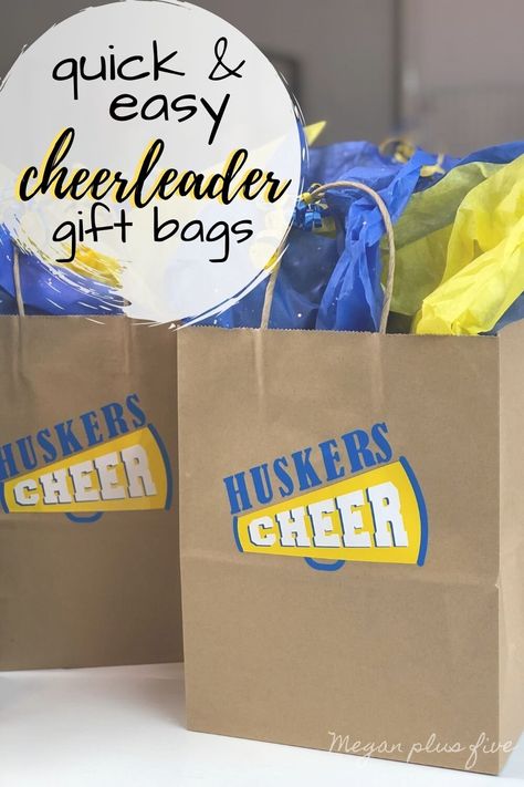 Last minute end of the season cheerleader gift bags - Megan plus five Cheer Swag Bag Ideas Diy, Cheerleader Gifts For Team Goody Bags, Cheer Appreciation Gifts, Simple Cheer Team Gifts, Good Luck Bags Cheer, Cheerleader Thank You Gifts, Cheer Thank You Gifts, Cheerleader Gifts From Coach, Gift Ideas For Cheer Team