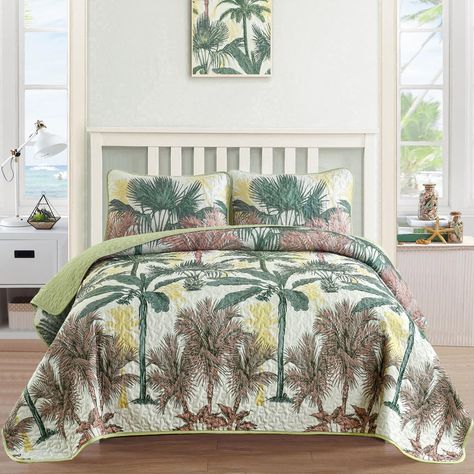 PRICES MAY VARY. Tropical Plants Design: Botanical quilt is inspired by the green tropical plants in the summer beach. Green color scheme can be integrated with the bedroom decoration, it's like sleeping on the beach in summer, giving you a fresh and bright feeling. Package & Size: Queen size 3 pieces quilt set include 1 quilt (96"x90") and 2 matching pillow sham (20"x26", pillow insert not included). Softness and Cozy : Crafted of premium brushed microfiber for superior softness, and gets even Tropical Bedding, Beachy Bedroom, Summer Bed, Style Bedding, Lightweight Bedding, Green Color Schemes, Summer Bedding, Quilted Coverlet, Reversible Quilt