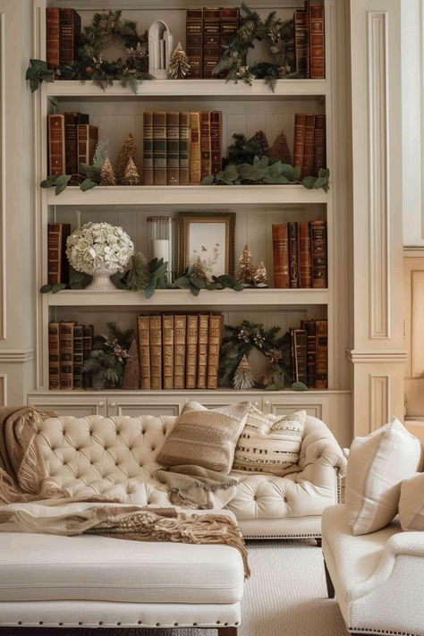 35 Neutral Christmas Decor to Style Your Home This Season Modern French Christmas Decor, Ralph Lauren Christmas Decor Ideas, Xmas Bookshelf Decor, Regal Christmas Decor, Styling Christmas Shelves, Elegant Christmas Mantle Decor, Built In Shelves Christmas Decor, Modern Vintage Christmas Decor, Christmas Decor Ideas For Shelves