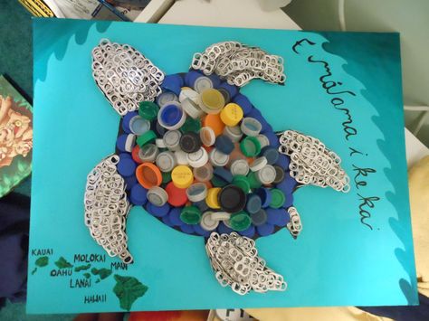 Recycled Projects For School Useful, Turtle Recycle Project, Bottle Cap Turtle, Using Recycled Materials Projects, Recycled Ocean Art, 3d Recycled Art Projects, Recycle Materials Project, Recyclable Art Projects, Project With Recycled Materials