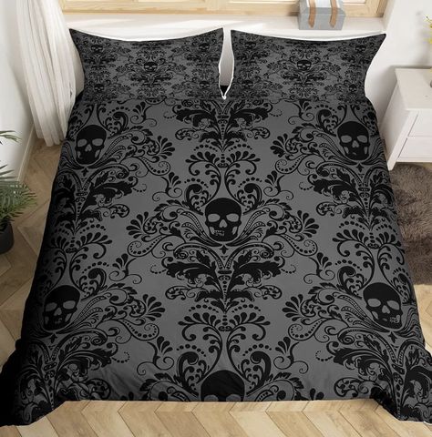 Halloween Bed set duvet cover Grey And Black Room, Black Room Ideas For Men, Bedsheet Ideas, Gothic Bedding Sets, Gothic Homes, Damask Bedding, Skull Bedding Sets, Room Things, Flower Duvet