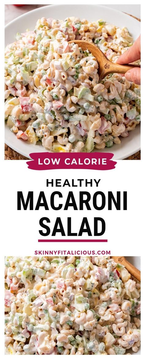 Healthier Macaroni Salad, Low Calorie Healthy Lunch Ideas, Low Fat Macaroni Salad, High Protein Cold Salads, Low Calorie Picnic Food Ideas, Protein Macaroni Salad, Low Cal High Protein Pasta Salad, Low Calorie High Protein Pasta Salad, Low Carb Macaroni Salad