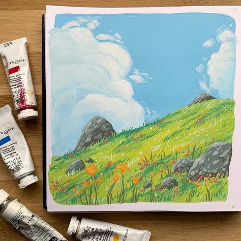 Ghibli Scenery, Landscape Clouds, Sketchbook Painting, Seni Pastel, Painting Gouache, Scenery Paintings, Diy Watercolor Painting, Gouache Art, Oil Pastel Art