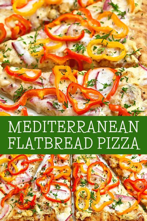 Mediterranean Diet Pizza, Mediterranean Flatbread Pizza, Vegan Flatbread Pizza, Mediterranean Flatbread, Vegan Flatbread, Mediterranean Recipes Healthy, Vegan Pizza Recipe, Easy Flatbread, Vegan Feta Cheese