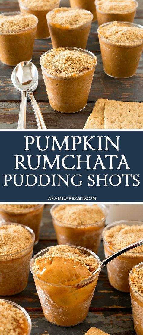 Pumpkin Rumchata Pudding Shots Rumchata Pudding Shots, Pudding Shot Recipes, Rumchata Recipes, Alcoholic Desserts, Dessert Shots, Pudding Shots, Pumpkin Pudding, Jello Shot Recipes, Boozy Desserts