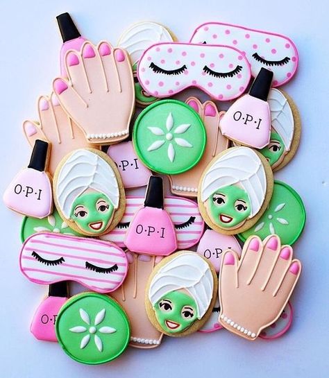 Spa Party Cookies, Spa Party Foods, Spa Cookies, Spa Party Ideas, Spa Party Theme, Spa Sleepover Party, Spa Day Party, Kids Spa Party, Girl Spa Party