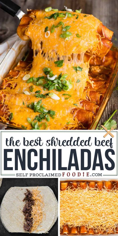 Enchiladas Shredded Beef, Instant Pot Shredded Beef, Best Beef Enchilada Recipe, Steak Enchiladas, Mexican Food Recipes Enchiladas, Enchiladas Beef, Beef Enchiladas Recipe, Shredded Beef Enchiladas, Shredded Beef Recipes