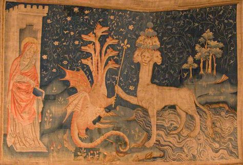 La Bête de la Mer (Tapisserie de l'Apocalypse) / The Beast of the Sea (Tapestry of the Apocalypse) The Apocalypse Tapestry is a large medieval French set of tapestries commissioned by Louis I, the Duke of Anjou, and produced between 1377 and 1382. (Revelation 13:1) Beast Of Revelation, Cloth Banners, Medieval Tapestry, Book Of Revelation, Art Antique, Moyen Age, Medieval Art, Arte Horror, Illuminated Manuscript