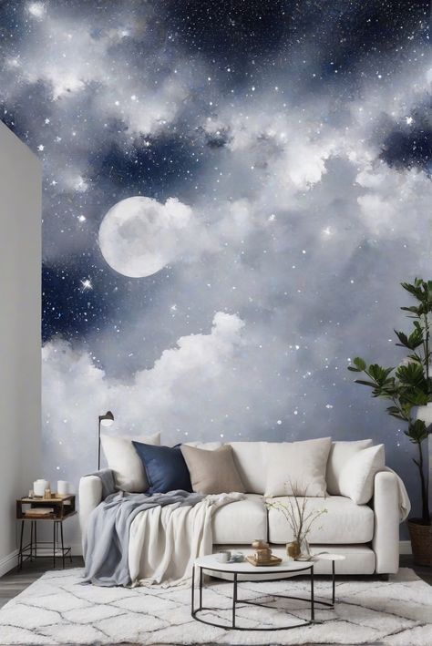 home decorating, home interior design, space planning, interior design space planning, interior bedroom design, designer wall paint, home paint colors Bedroom Clouds, Cloud Room, Night Sky Wall, Sky Paintings, Light Oak Floors, Grandparents House, Home Office Bedroom, Sky Painting, Cloud Painting