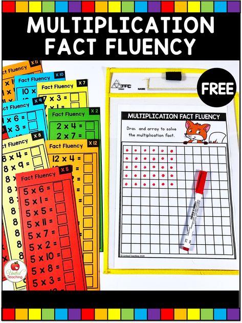 Increase multiplication fact fluency with these FREE fact fluency strips and array drawing mat. Included are 24 multiplication fact fluency strips that cover the 1-12 multiplications facts. Children select a fact fluency strip and complete the multiplication facts. If they need support in solving the fact, they can use the array drawing mat to find the answer. Fact Fluency 3rd Grade, Math Fact Fluency Multiplication, Multiplication Fluency Practice, Multiplication Fourth Grade, Multiplication Facts Party, Multiplication Fact Practice, Fact Fluency Multiplication, Multiplication Introduction, Multiplication Intervention