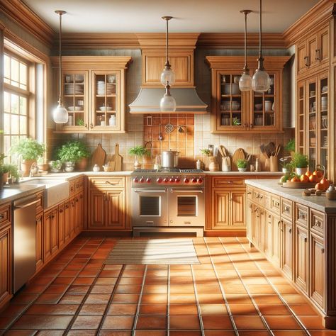 Terracotta Tile Floor Kitchen, Terracotta Floor Kitchen, Terracotta Kitchen Floor, Mexican Tile Kitchen, Natural Wood Kitchen Cabinets, Terracotta Kitchen, Tile Countertops Kitchen, Honey Oak Cabinets, White Oak Kitchen