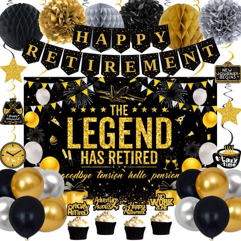 PRICES MAY VARY. WHAT YOU GET: 1 × Black Gold "HAPPY RETIREMENT" Banner, 1 × "THE LEGEND HAS RETIRED" Backdrop Banner (39.4 × 59.1 inch), 12 × 10’’ Balloons (4 Black+4 Gold+4 Silver), 6 × Hanging Swirls (3 Black+3 Gold), 6 × Double-Sided Retirement Cards, 4 × Retirement Cake Topper, 3 × 8’’ Paper PomPoms (1 Black+1 Gold+1 Silver), 3 × 8’’ Paper Honeycomb Balls (1 Black+1 Gold+1 Silver), 2 × Glue, 2 × Ribbon, 1 × Threading Pin EASY TO ASSEMBLE: Just need 18 minutes, you'll have a happy retirement Party Decorations Men, Retirement Decoration Ideas, Retirement Cake Topper, Happy Retirement Decorations, Happy Retirement Banner, Card Cake Topper, Retirement Banner, Backdrop Balloons, The Legend Has Retired