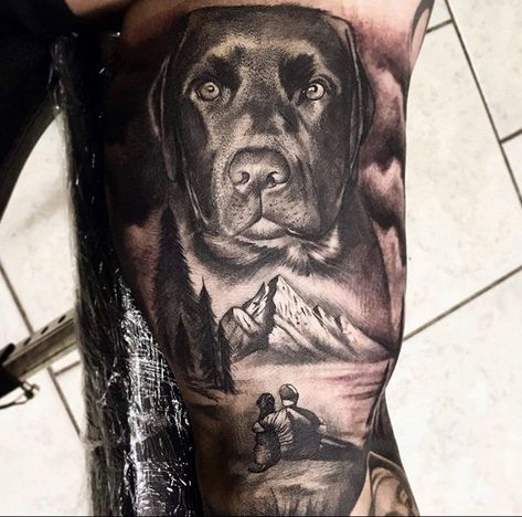 Dog And Forest Tattoo, Dog Portrait Tattoo Thigh, Chocolate Lab Tattoo Ideas, Outdoors Tattoos For Women, Outdoor Tattoos, Dog Memorial Tattoo, Forest Tattoo Sleeve, Simple Cat Tattoo, Pet Tattoo Ideas