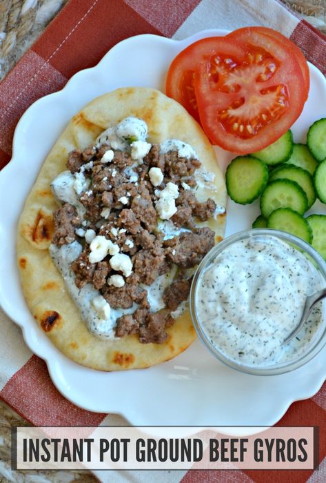 Jeffrey Eisner, Cooking Ground Beef, Beef Gyros, Instant Pot Ground Beef, Beef Gyro, Beef Recipe Instant Pot, Cooking With Ground Beef, Gyro Recipe, Homemade Tzatziki Sauce