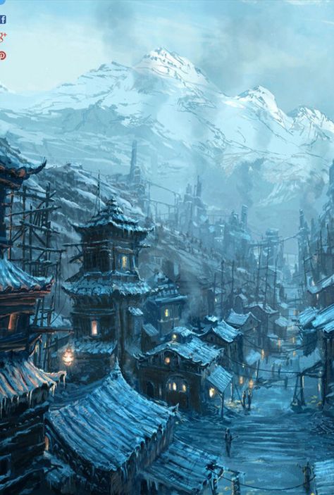 Ice village Steampunk Chinese, Raphael Lacoste, Chinese Village, العصور الوسطى, Creature Fantasy, Art Steampunk, Rpg Map, Fantasy City, Fantasy Setting