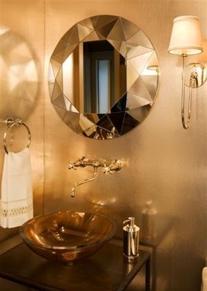 Vessel sinks in the powder room. Golden Bathroom, Classy Bathroom, Bathroom Niche, Shape Mirror, Crazy Diamond, Diamond Mirror, Bathroom Paint, Bath Mirror, Shaped Mirror