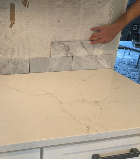 Backsplash help Calacatta Monaco Quartz, White Quartz With Grey Veining, Kitchen Favorites, Mosaic Backsplash, Quartz Kitchen, White Quartz Countertop, Favorite Kitchen, White Quartz, Quartz Countertops