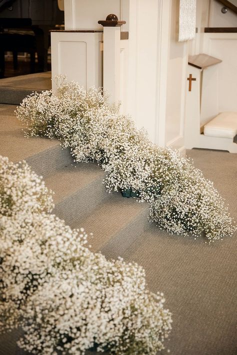 Wedding Aisle Candles, Wedding Stairs, Ceremony Decorations Church, Church Aisle Decorations, Wedding Church Aisle, Gypsophila Wedding, Wedding Church Decor, Wedding Pews, Elegant Wedding Themes