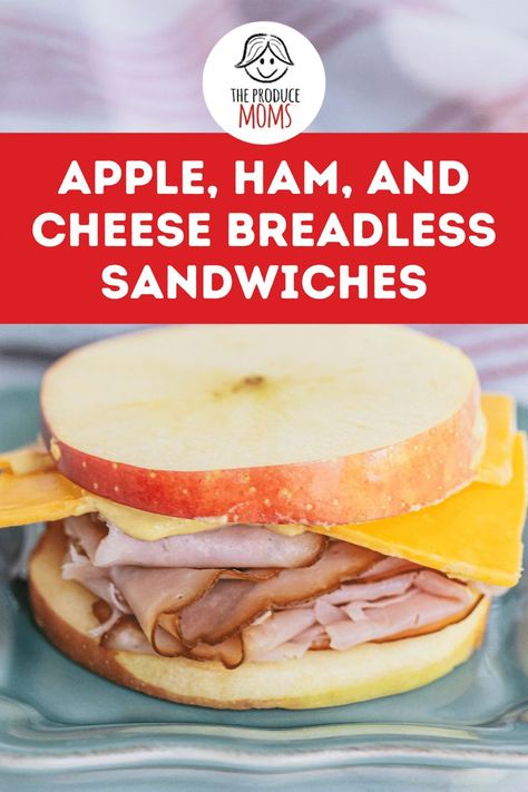 Close up image of a breadless sandwich. Ham, cheese and mustard sandwiched between two circular apple slices. Breadless Lunch Ideas, No Bread Sandwich Ideas, No Bread Meals, Breadless Sandwich, Healthy Bread Alternatives, Make A Sandwich, Low Carb Sandwiches, Healthy Cafe, Cardiac Diet