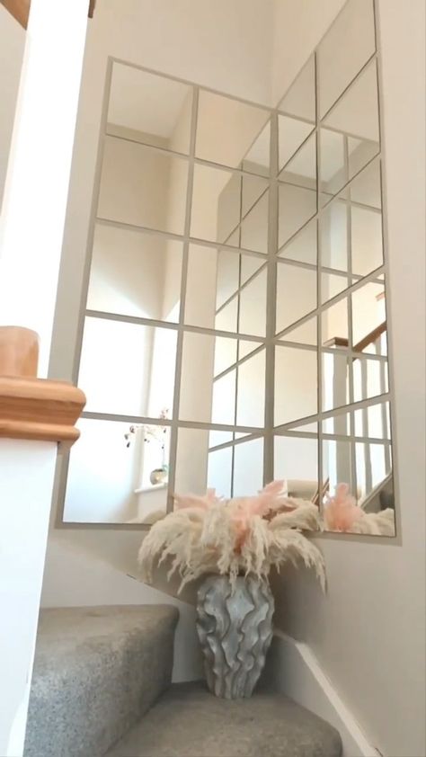 Stair Landing Decor, Landing Decor, Ikea Mirror Hack, Diy Mirror Wall, Staircase Wall Decor, Ikea Mirror, Staircase Wall, Staircase Decor, Stair Case