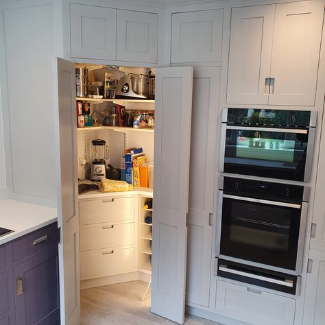 Larder Ideas Walk In, Kitchen Hidden Utility, Hidden Pantry Door In Kitchen Corner, Corner Pantry Hidden Door, Hidden Pantry Walk In Corner, Howdens Corner Larder Unit, Corner Larder Unit Kitchen, Hidden Larder, Hidden Corner Pantry